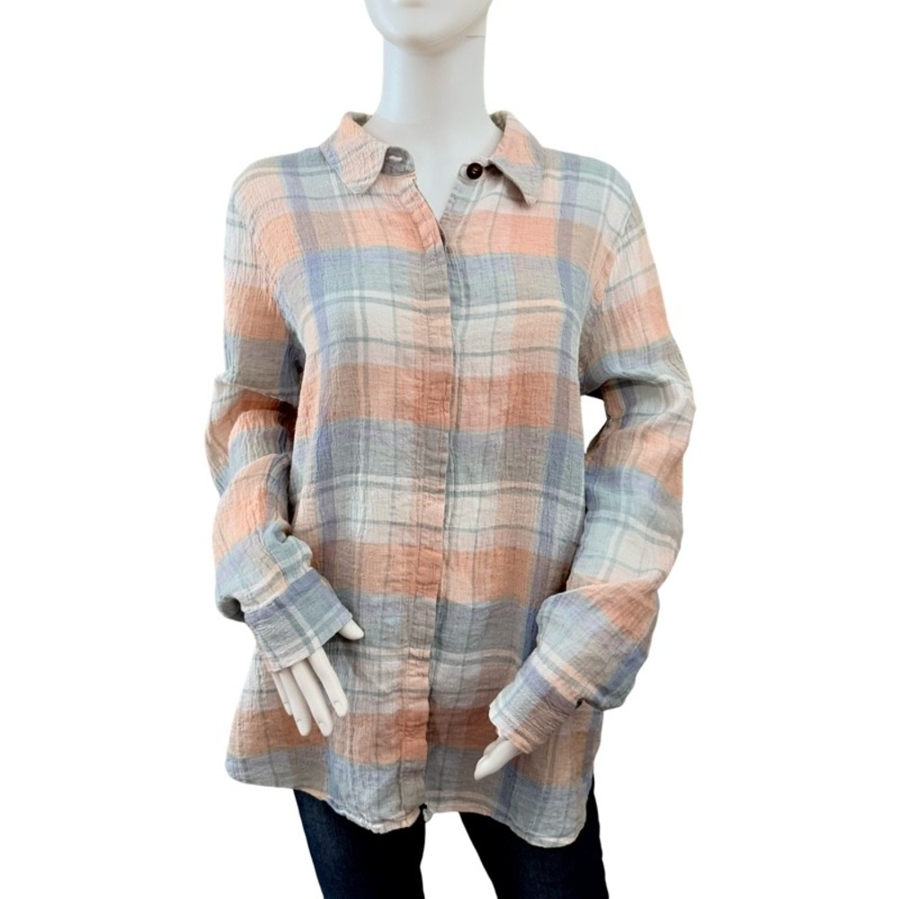 SOFT SURROUNDINGS Adalyn Pullover Crinkled Linen Pastel Plaid Button Down Top XL